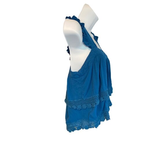 Forever 21 Womens Tank Top Small Blue Cropped Ruffled Lace Trim Boho Hippie - Picture 3 of 8